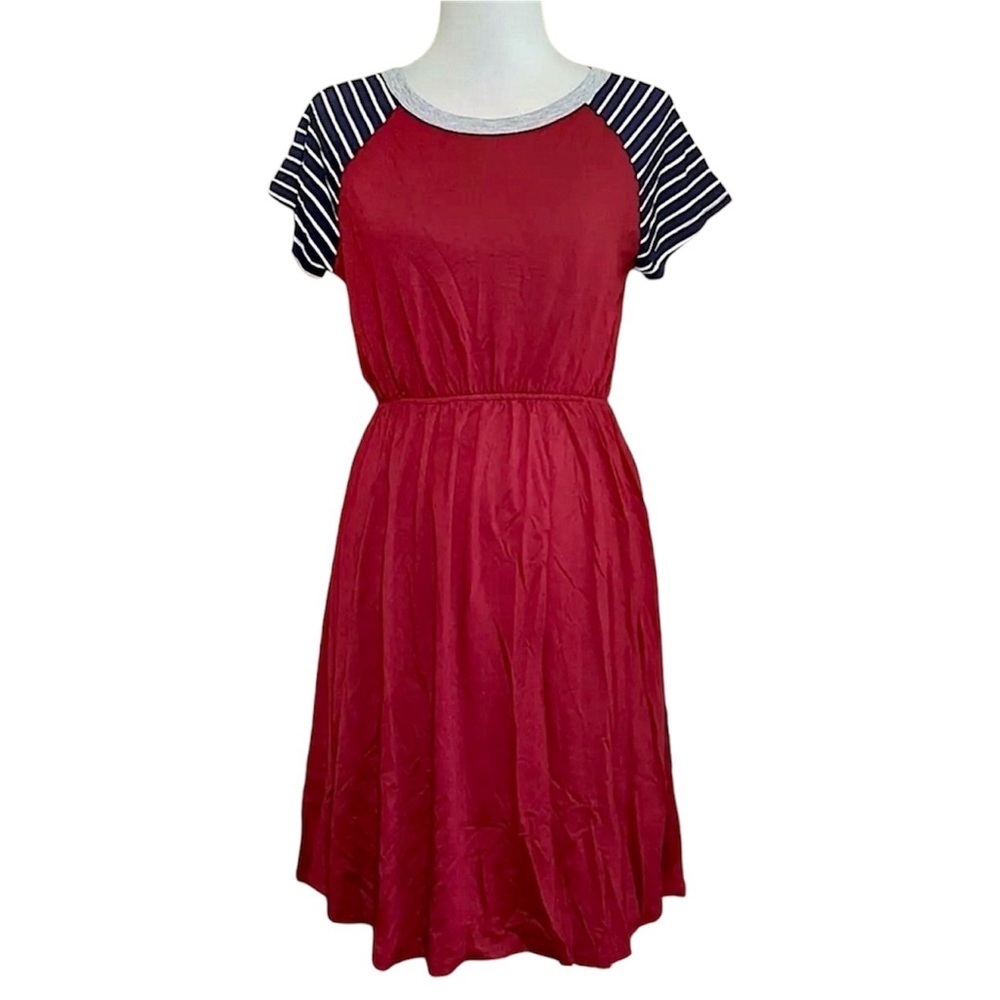 Burgundy Navy & White Striped Short Sleeve ModCloth Dress by Sweet Claire Medium